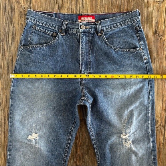 Unionbay Loose Boot Cut Jeans Mens 34x32 Blue Denim Distressed Destroyed Vtg Y2K - Picture 8 of 16
